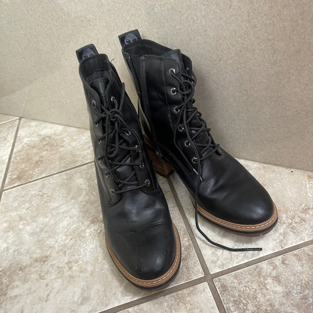 Timberland Sienna High Black Leather Lace Up Side Zip Block Heel Boots Women 8.5 - Picture 2 of 11